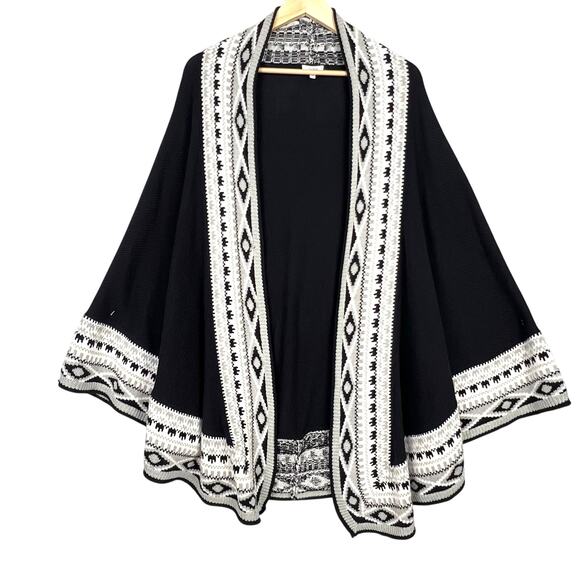 Crown & Ivy Black Cream Cape Poncho Knit Long Open Cardigan Sweater One Size - Picture 1 of 8